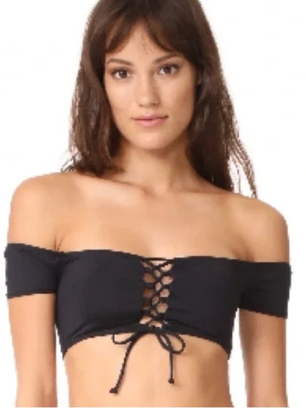 L*Space Dixie Bikini Top black off-the-shoulder swimsuit lace-up tie Vacation